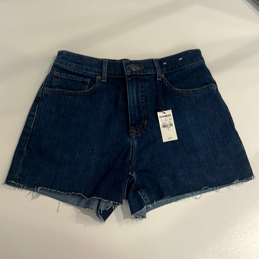 Express Dark Wash Midi High Rise Raw Hem Shorts NWT